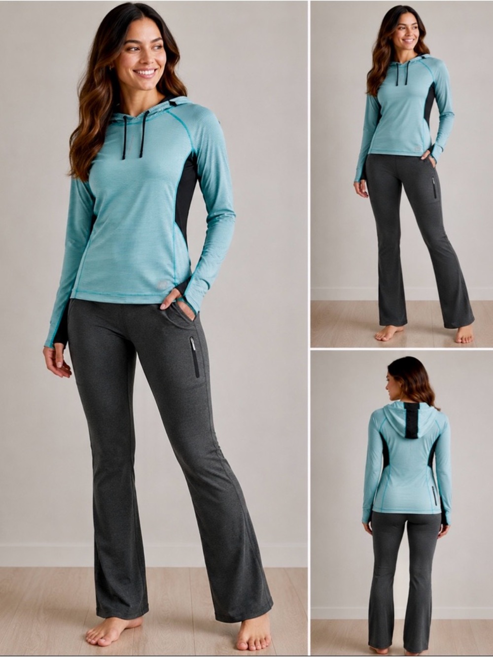 Road Runner Sports Aqua Striped Performance Hoodie Lightweight Running Pullover